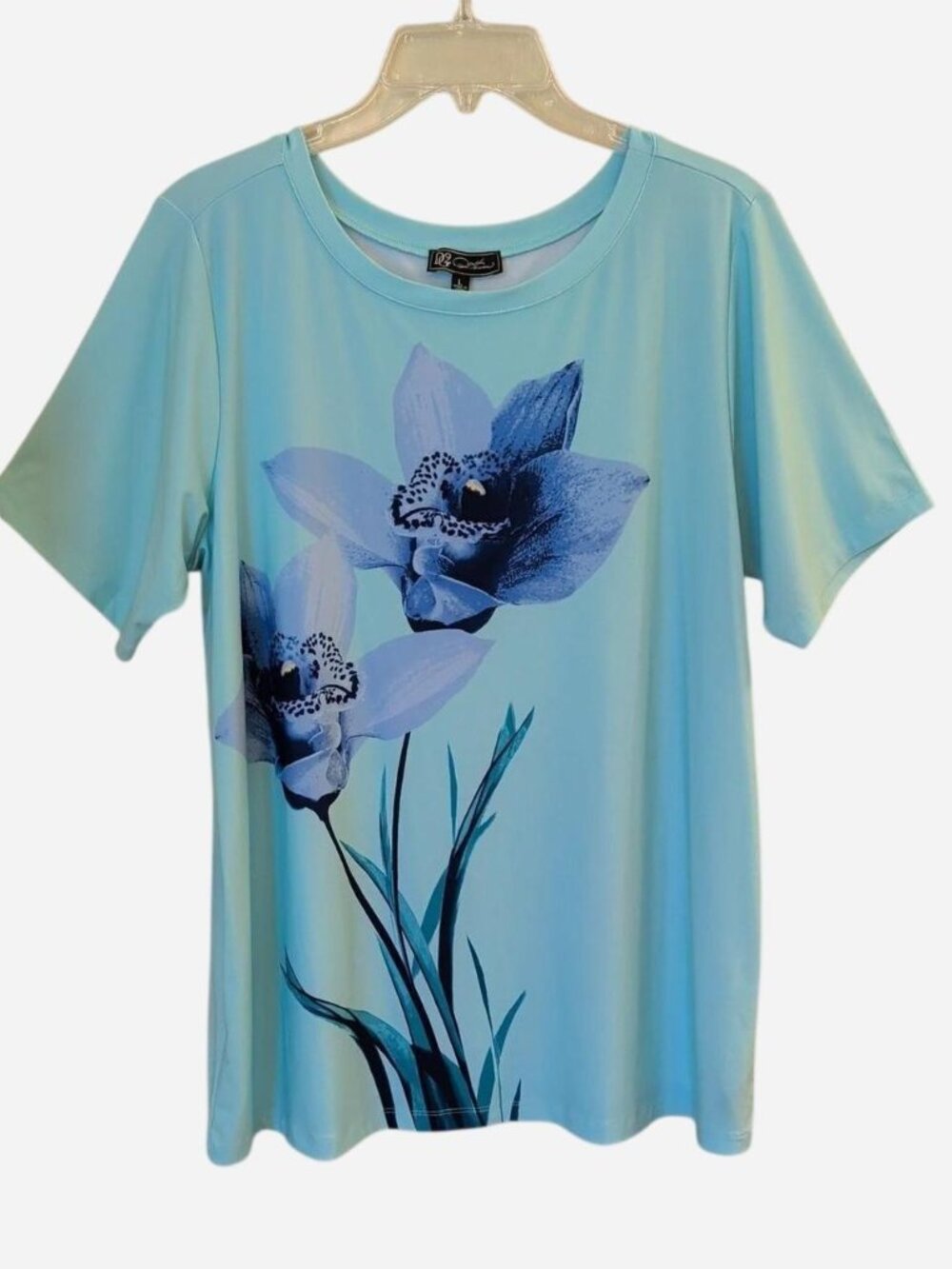 DG2 by Diane Gilman Light Blue Floral Crew Neck Top Size L